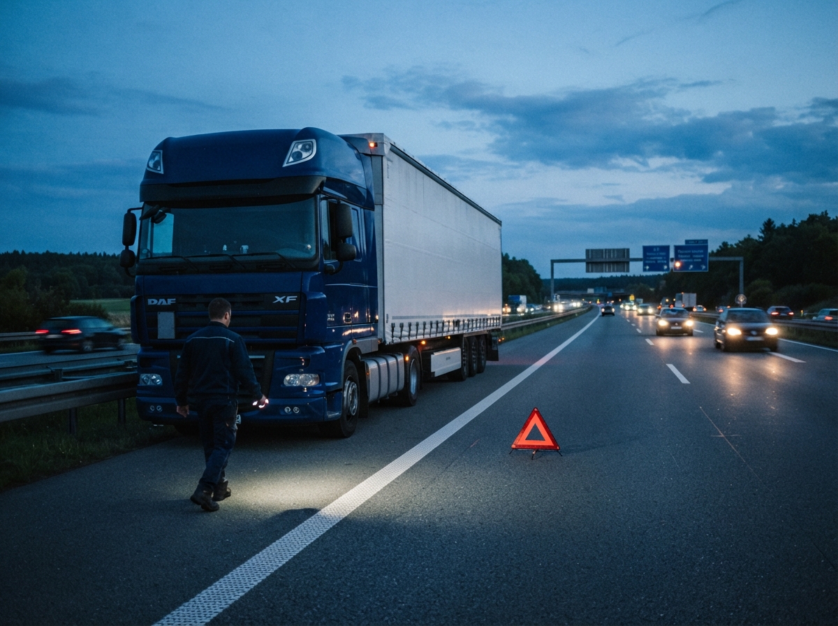 Technician setting up a warning triangle next to a broken down truck