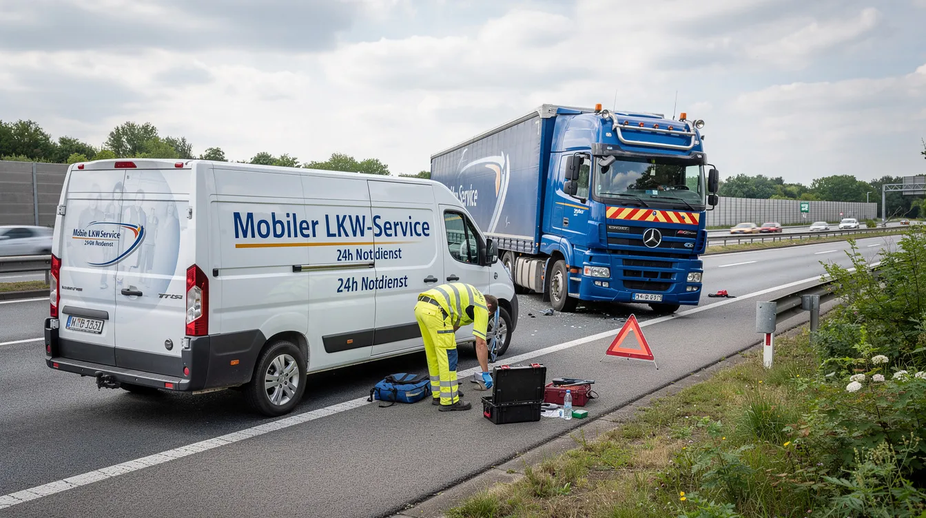 Ein mobiles Servicefahrzeug steht auf dem Autobahnstandstreifen neben einem liegengebliebenen Sattelzug bei Tageslicht. Die Szene zeigt die Unterstützung für das Fahrzeug, möglicherweise in Bezug auf Reifenprobleme, während die Umgebung von einer typischen Autobahnlandschaft geprägt ist.
