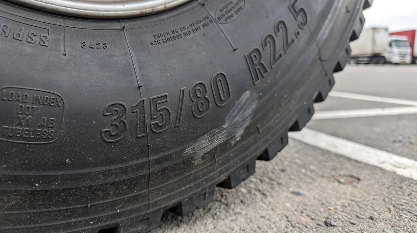 Die Nahaufnahme zeigt die Flanke eines LKW-Reifens mit gut sichtbaren Zahlen und Markierungen, darunter die Artikelnummer und der Geschwindigkeitsindex H, die wichtige Informationen über die Eigenschaften und den Lastindex 91 des Reifens geben. Im Hintergrund ist ein Autobahnrastplatz zu erkennen, was den Kontext der Aufnahme verdeutlicht.