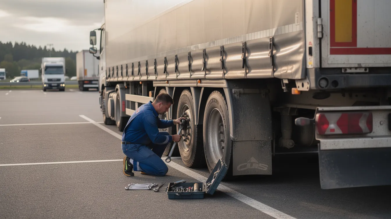 Ein schwerer LKW steht auf einem Autobahnrastplatz, während ein Mechaniker am Hinterrad arbeitet, um die Reifen zu überprüfen. Der Mechaniker könnte Informationen über die Eigenschaften und den Lastindex 91, der für die Sicherheit und Leistung des Fahrzeugs entscheidend ist, benötigen.