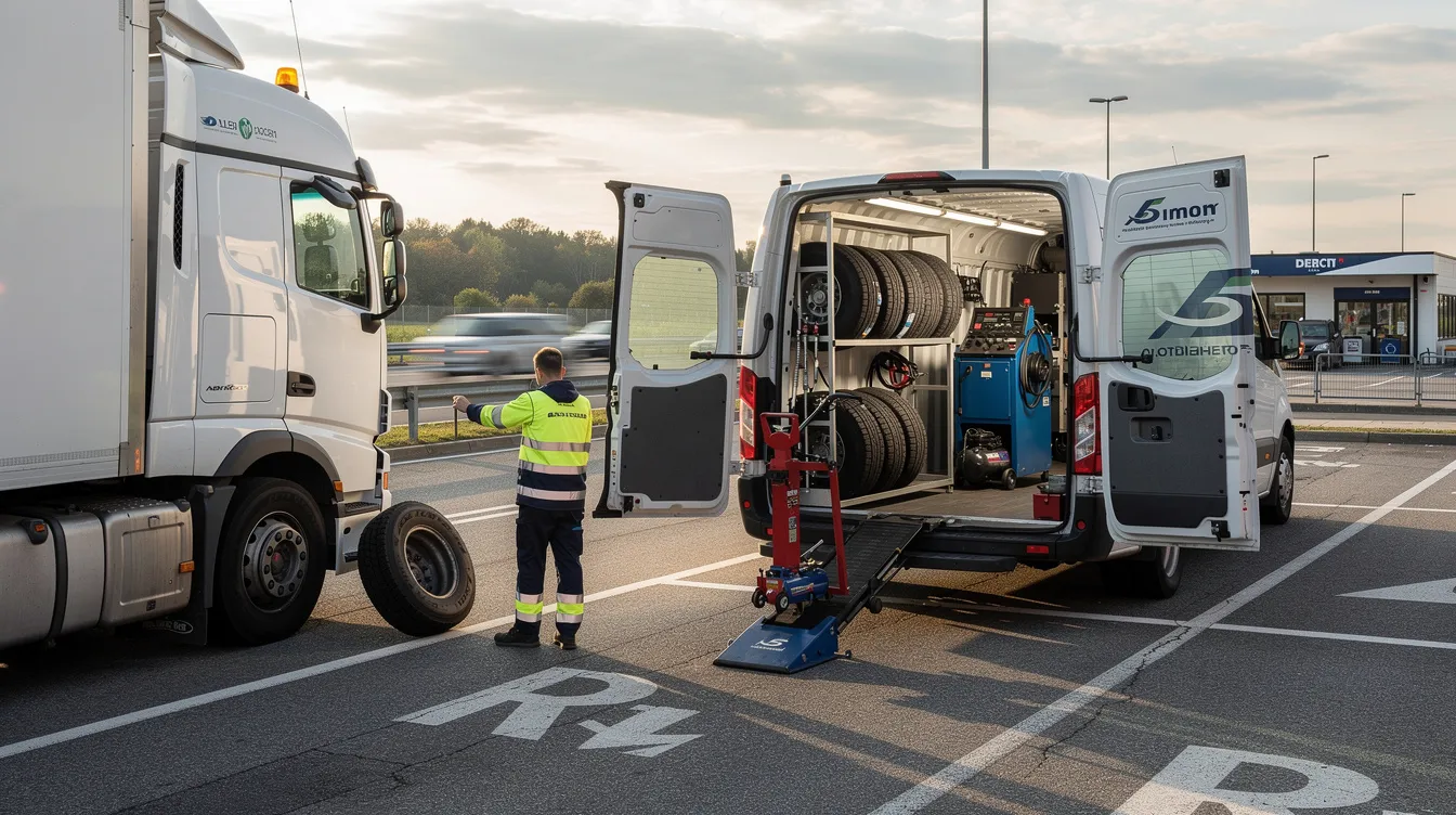 Ein mobiles Reifenservice-Fahrzeug steht neben einem LKW auf einer Raststätte. Das Fahrzeug bietet Dienstleistungen wie die Montage von Winterreifen, darunter die Goodyear Ultragrip Performance 3, und sorgt für Sicherheit und Traktion bei Schnee und Eis.
