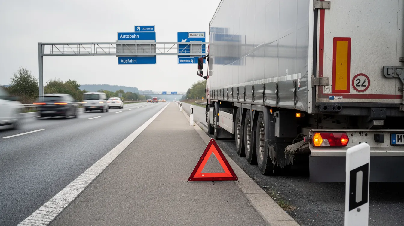 Ein LKW steht auf dem Standstreifen einer Autobahn, nachdem er eine Reifenpanne erlitten hat. Der Fahrer ist dabei, die Situation zu überprüfen, während die Fahrbahn im Hintergrund sichtbar ist.