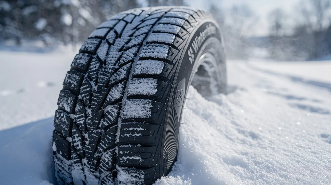 Das Bild zeigt Winterreifen auf einer verschneiten Fahrbahn, die ein deutliches Profilmuster aufweisen, um optimale Traktion und Sicherheit bei winterlichen Witterungsbedingungen zu gewährleisten. Die Reifen sind von der Marke Goodyear, speziell das Modell Ultragrip Performance 3, das für seine hervorragende Leistung auf Schnee und Eis bekannt ist.
